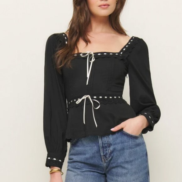 Reformation Haisley Cotton Lace Top Blouse Sz4 Black Long Sleeves - Picture 8 of 9